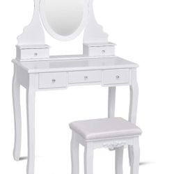 Led Vanity Set with Oval Mirror & Cushioned Stool, Makeup Dressing Table Large Storage with 5 Drawers, Mirrored Bedroom Vanities Makeup Table for 