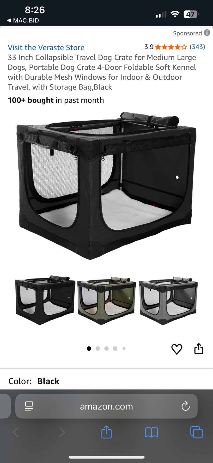  Veraste 33” Collapsible Dog Crate For Medium To Large Dogs. 