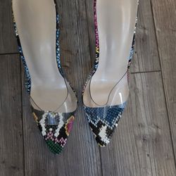 multicolor rainbow snake print clear strap pointed open toe heels size7