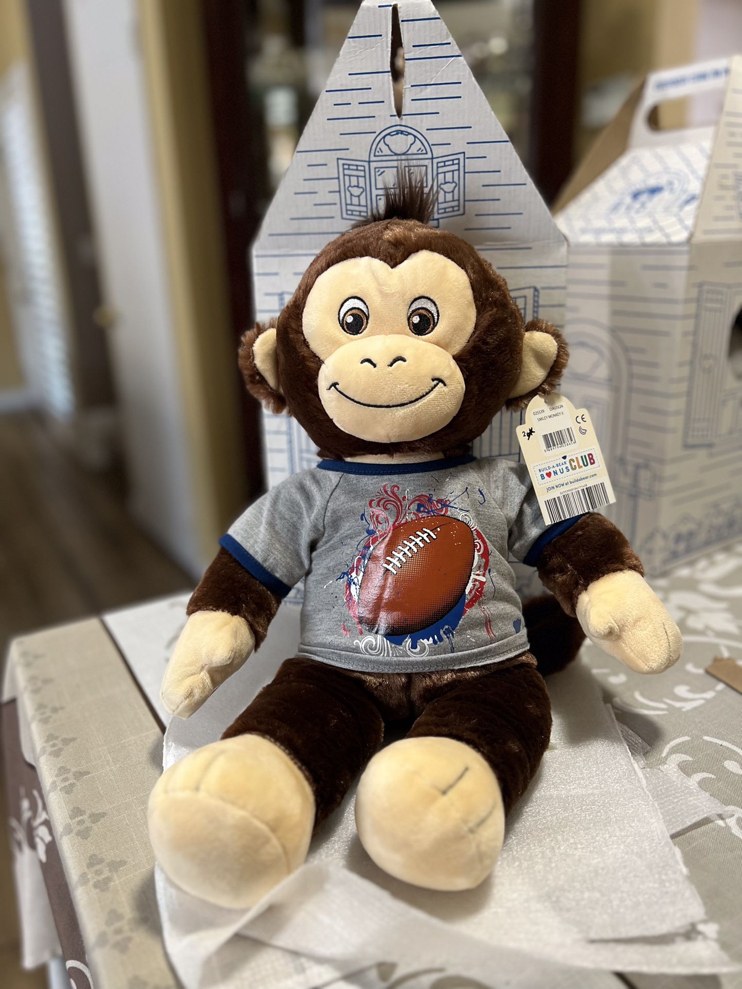 Build a Bear Smiley Monkey II Stuffed Toy Animal with a FootBall Tee. NWT.