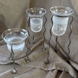 Set of 3 Metal Candle Holders w/ Glass Inserts