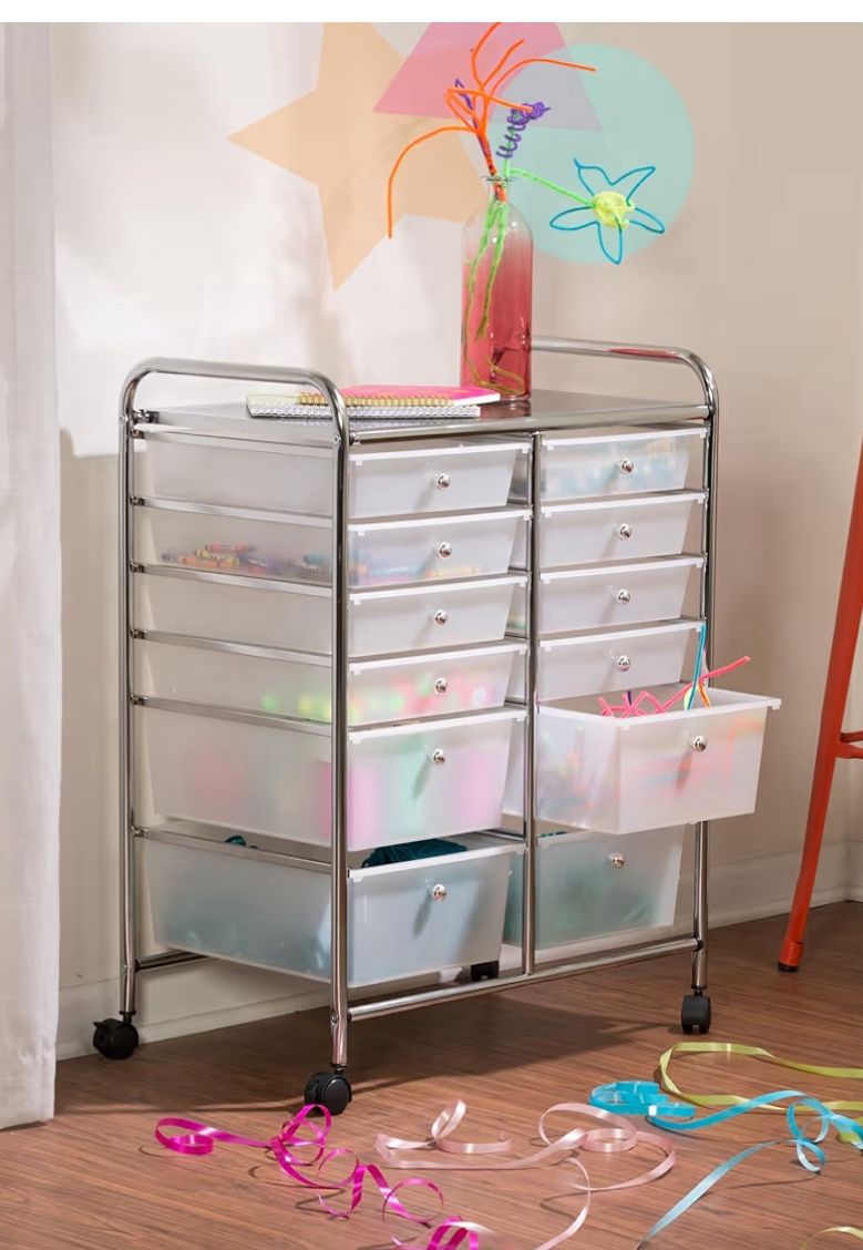 Rolling Storage Cart and Organizer with 12 Plastic Drawers