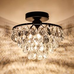 YYJLX Modern Small Crystal Ceiling Light Fixture Mini Black Semi Flush Mount Chandelier Light Fixture For Hallway Bedroom Bathroom Closet E26