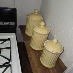 Set of 3 Yellow Ceramic Canisters with Lids