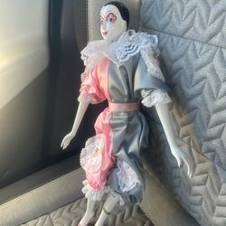 Vintage Large French Harlequin Clown Doll Pink Porcelain 