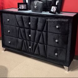 Black Velvet Dresser W/ Acrylic Crystal Knobs Brand New In Box 