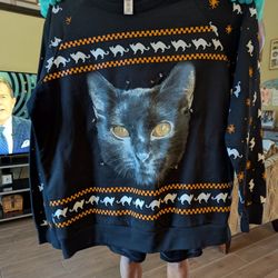 Halloween Sweater With Flashing Lights And Black Cat On Front