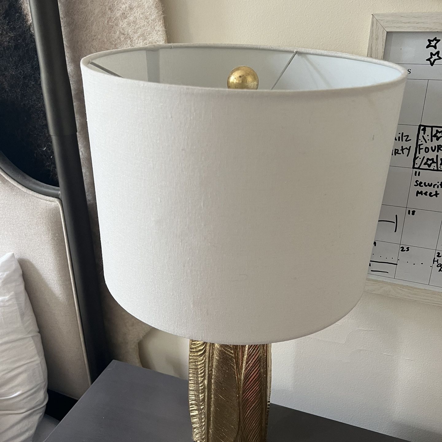 Gold Feather Lamp With Cream Linen Shade