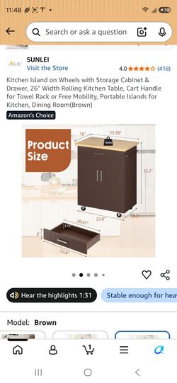 SUNLEI Rolling Kitchen Island Cart with Storage