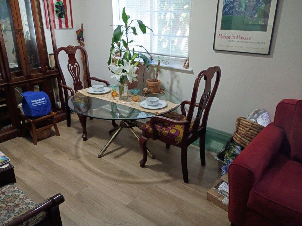 Glass Top Kitchen Table And 2 Reupholstered Chairs