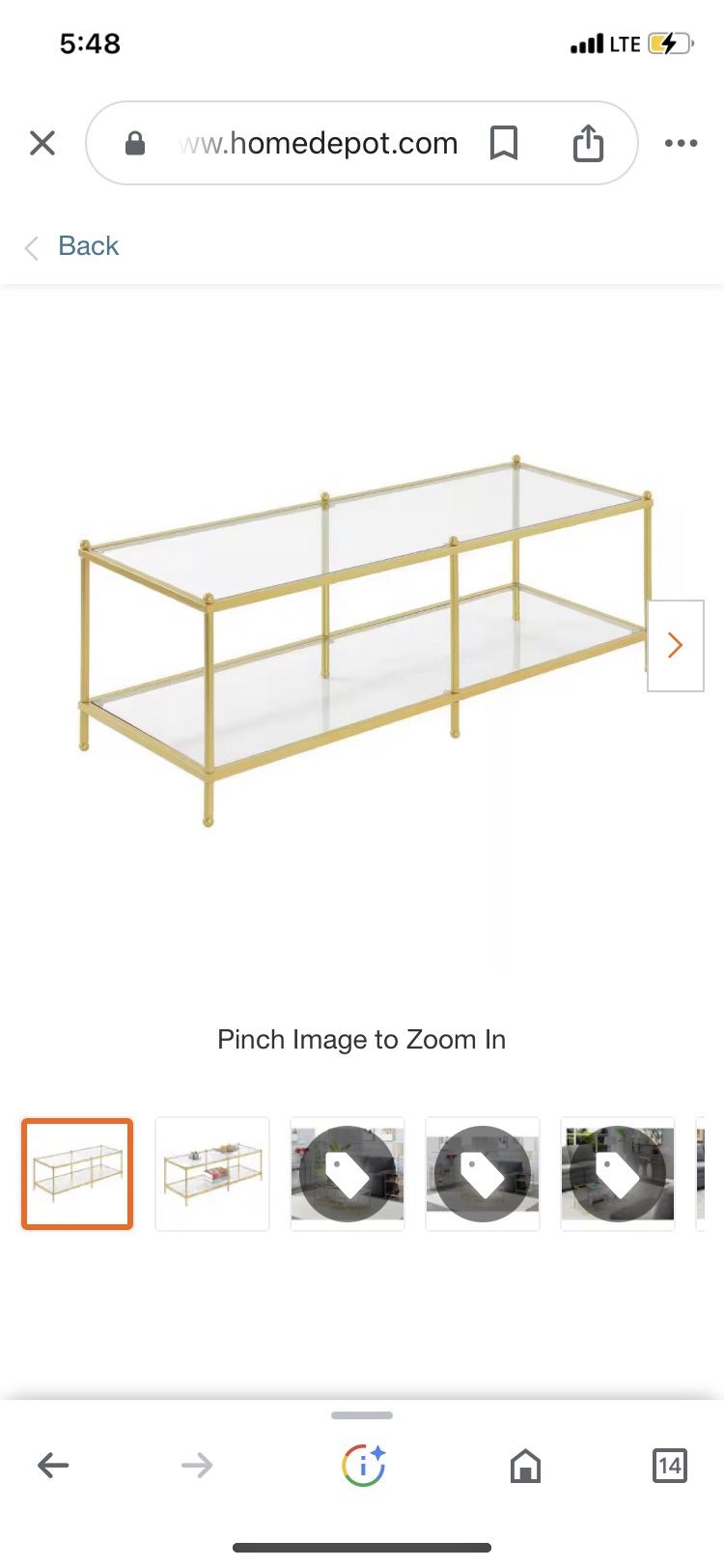 Royal Crest 48 in. Clear/Gold Large Rectangle Glass Coffee Table with Shelf