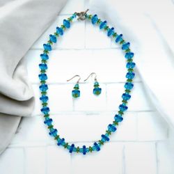 Beaded Necklace & Matching Earrings Blue Glass Beads Toggle 17" Hook 925 