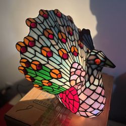Vintage Peacock Stained Glass Lamp 15” tall x 14”wide
