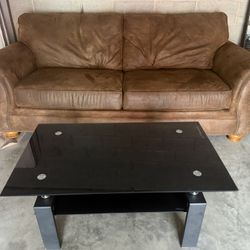 Hammer mill soft Suede Brown Sofa With Glass top Table- DELIVERY AVAILABLE 