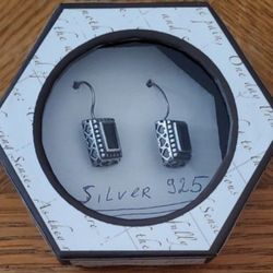 Earings Vintage Sterling Silver 925 Filigree Onyx 