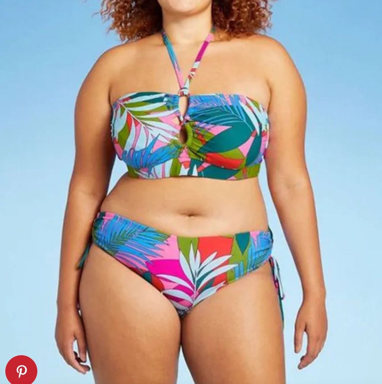 Lace-Up Halter Longline Bandeau Bikini Tropical