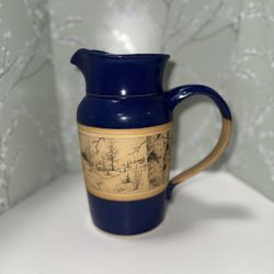 Vintage  Pottery Pitcher Jug Hand Painted Folk Art Signed Artist Lee 1982