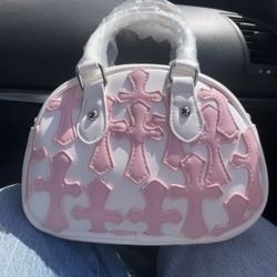 White Mini Dome Satchel with Pink Cross Appliqués