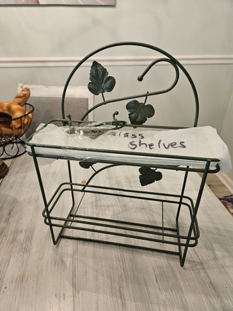 Wrought Iron 2 Glass Shelves Freestanding Or Wall Mount Inclued Additional Piece To Hang New Condition  Great Bathroom Kitchen Top Of Dresser  40 Obo