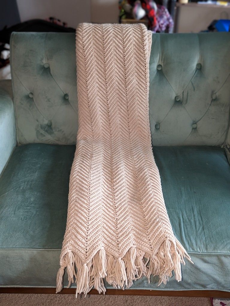 Handmade Beige Crochet Throw Blanket With Fringe Hem