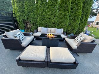Costco outdoor wicker furniture with fire 🔥 pit Sunbrella cushions