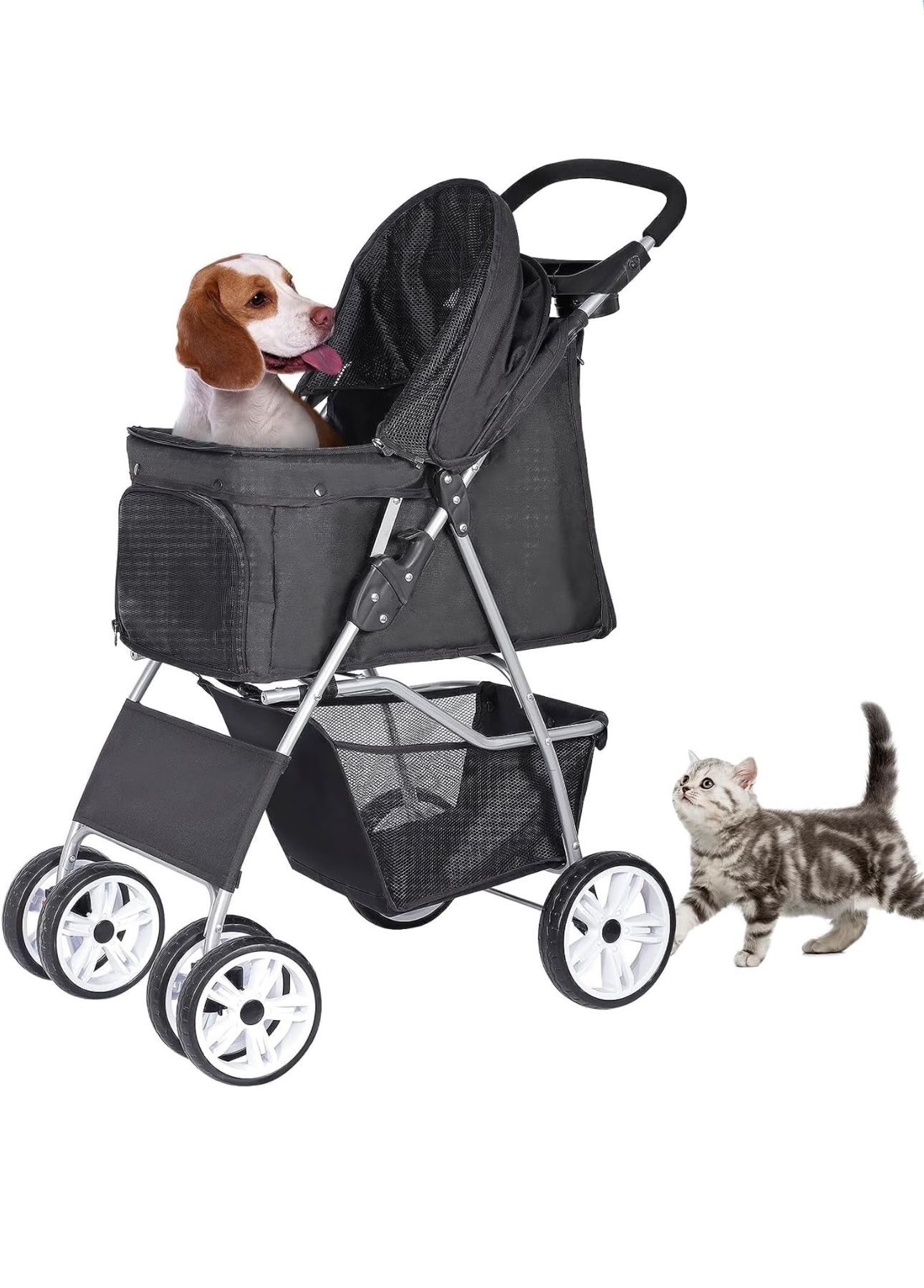 ZENY 4 Wheel Foldable Dog Pet Stroller - Black
