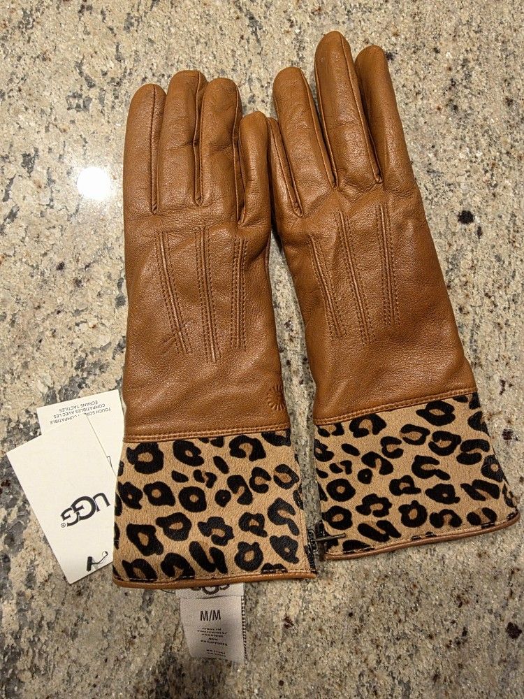 UGG Touchscreen Compatible Leather Gloves (Brown & Cheetah Print) -- Size Medium
