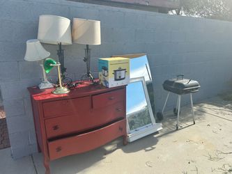 Free- Red Painted Vintage Dresser, BBQ, lamps, slow cooker still in box, mirrors
