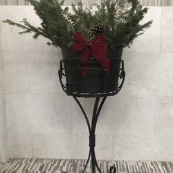 Fabulous Christmas  Arrangement… Comes In Metal Bucket On Wrought Iron Stand … Versatile Piece… Fresh Boughs , Berries , Pinecones Check Out My Offers