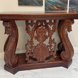 Stunning Hand-Carved Mahogany Console Table - Renaissance Revival Style