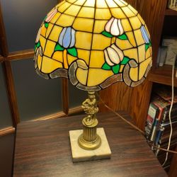 Antique Brass Lamp Marble Base Stain Glass Shade 24 Inch Tall 