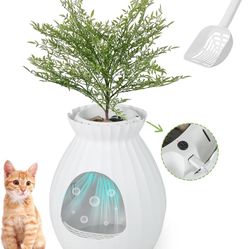 White Plant Litter Box, Cat Hidden Litter Box Enclosure with Artificial Plant, Advanced Odor Removal System, Detachable Door Curtain, Cat L