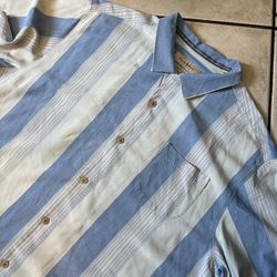 Tommy Bahama 100% Silk Shirt XXL Blue Stripe Casual Resort Aloha READ