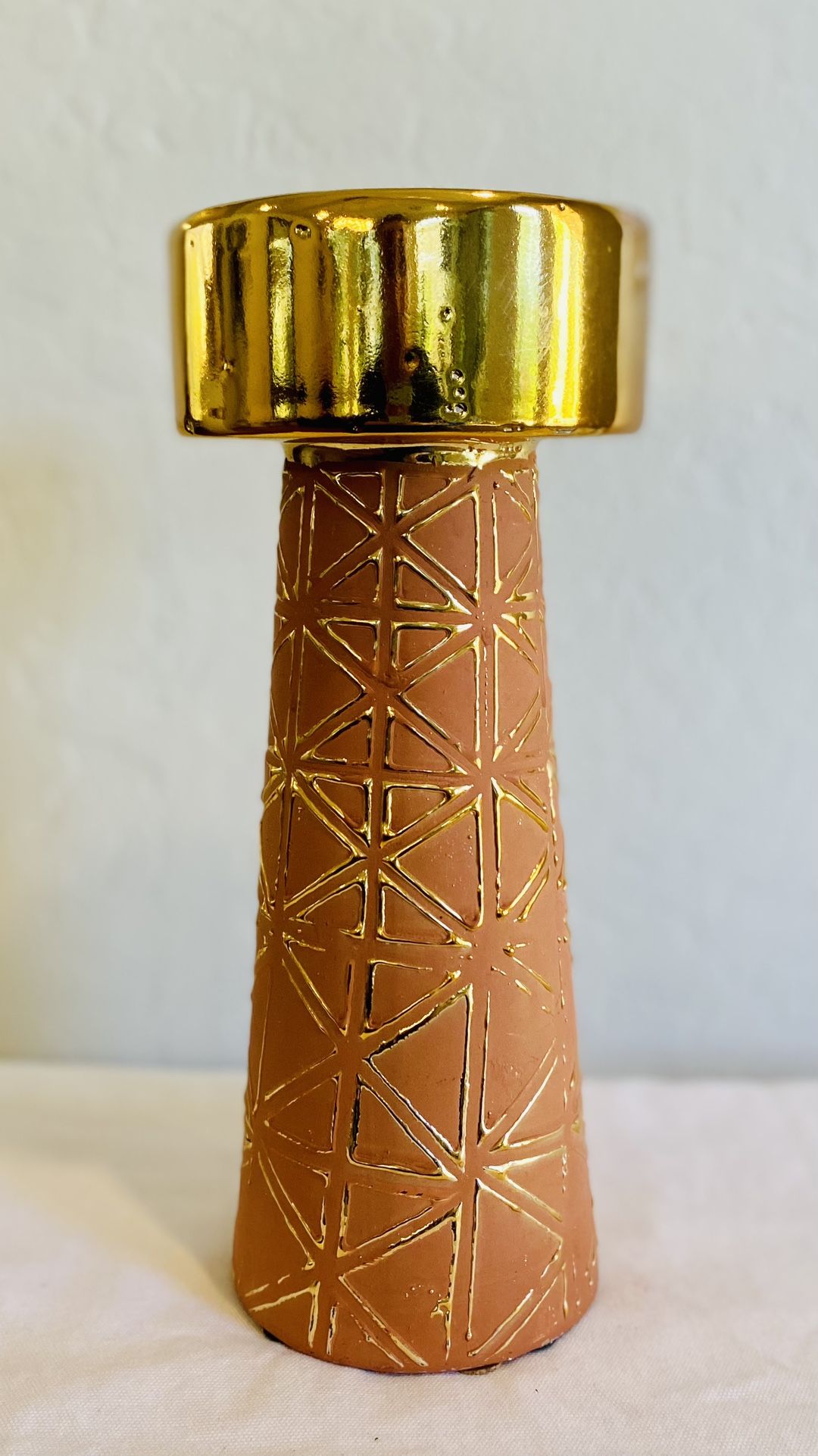 Anthropology Geo Terra-cotta Boho Pillar Candle Holder