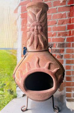 Rustic Clay Chiminea with Sun Face Design & Metal Stand - Great Condition   ***NO SHIPPING