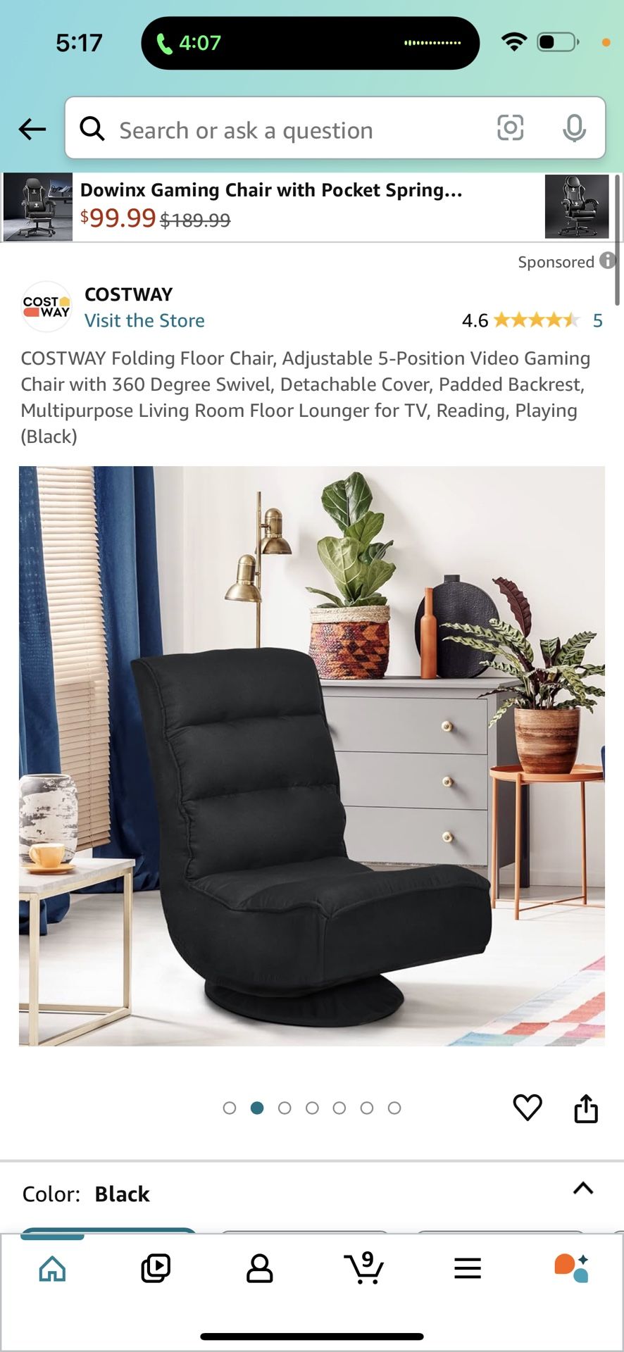 COSTWAY Folding Floor Chair, Adjustable 5-Position Video Gaming Chair with 360 Degree Swivel, Detachable Cover, Padded Backrest, Multipurpose Living R