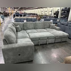 Large Gray Corduroy Sectional Sofa With Pull Out Bed | Financing Available