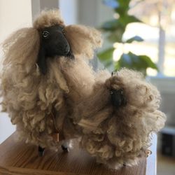 Vintage Folk Art Wood & Real Wool Sheep Figurines Set 2 Curly Wool Sheep