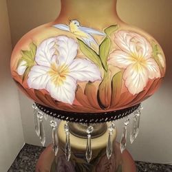 Vintage Floral With Small Bird Davis Lynch GWTW  Lamp Signed B. Hart Hanging Crystals Hurricane Lamp