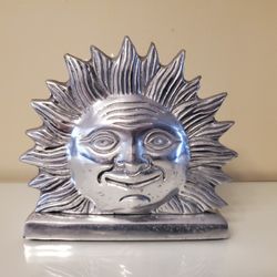 Vintage Pewter Napkin or Desk Letter Holder Solstice Sunflower Face 1970s
