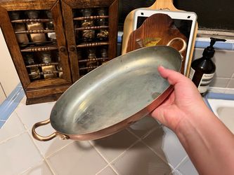 Vintage Portuguese gratin oval copper pan with brass handles