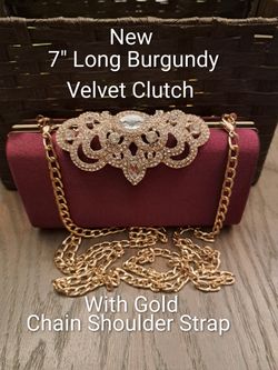 Brand New (No Tags) 7" Long Burgundy Velvet Clutch With Gold Chain Strap
