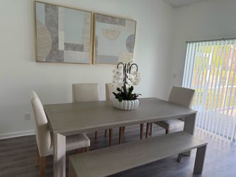 Modern Dining Table Set with Bench & 5 Chairs