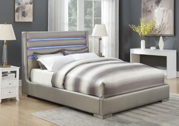 Modern California King Size Bed with Leatherette Upholstery, Touch-Activated Blue LED Accent and Low Profile Design in Metallic Grey