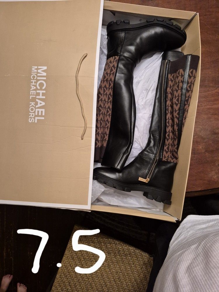 Ridley Leather and Logo Jacquard Knee Boot