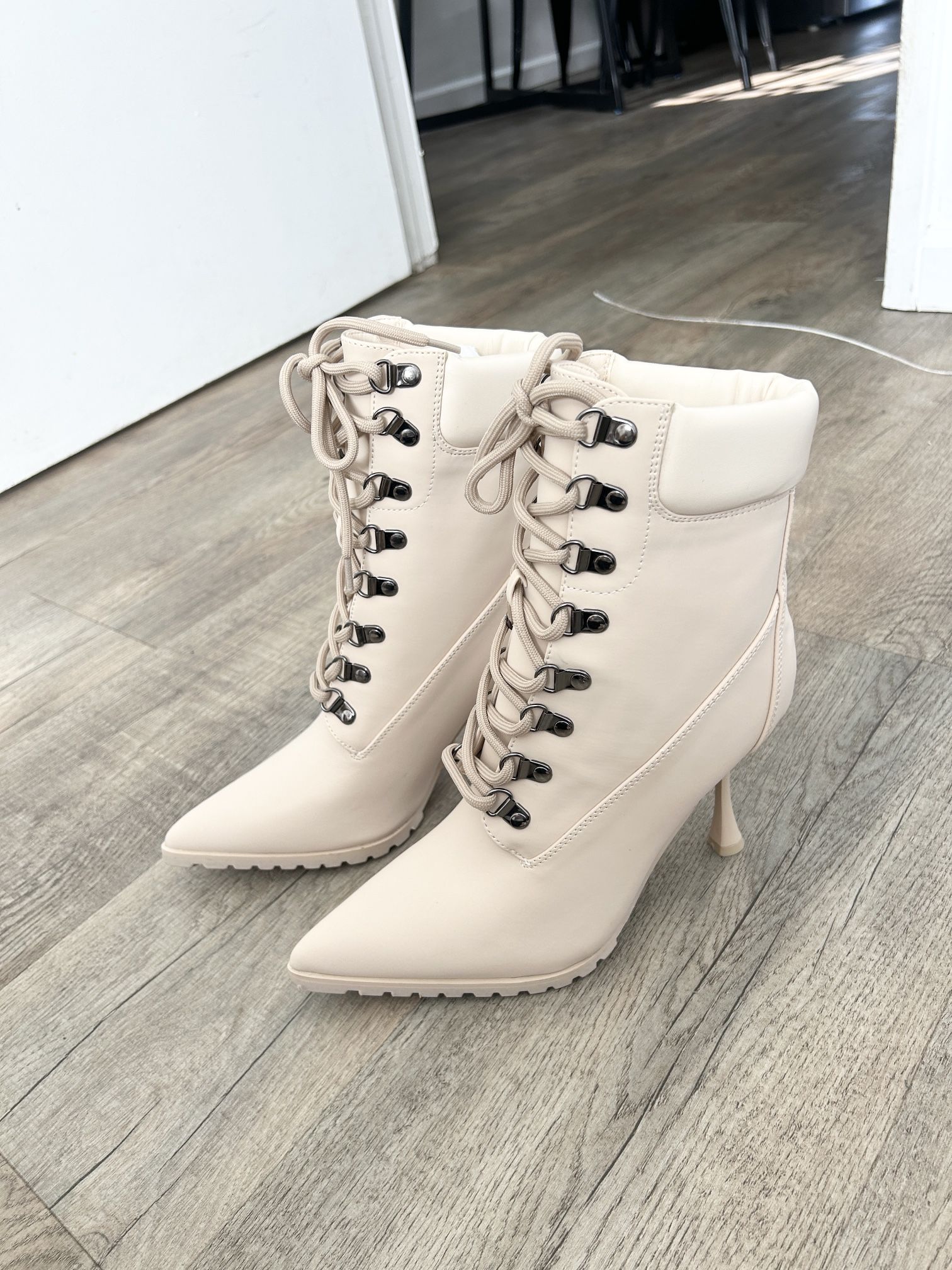 NEW EGO Taupe Lace Up High Heel Boots Size 7