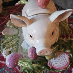 FITZ AND FLOYD FRENCH MARKET PIG SOUP TUREEN WITH PLATTER & LADLE 