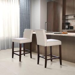 Counter Height Bar Stools Set of 2 Beige Linen Dark Wood Legs