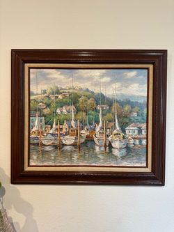 Vintage Signed Original Oil Painting – “Afternoon Harbor” by Steve Parnell – 31.5” x 27.5”