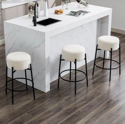 26" Modern Backless Bar Stool Set of 3, White Bar Stools with Round Soft Padded Boucle Seat, 360° Swivel Counter Height Stool for Kitchen Island,Home 